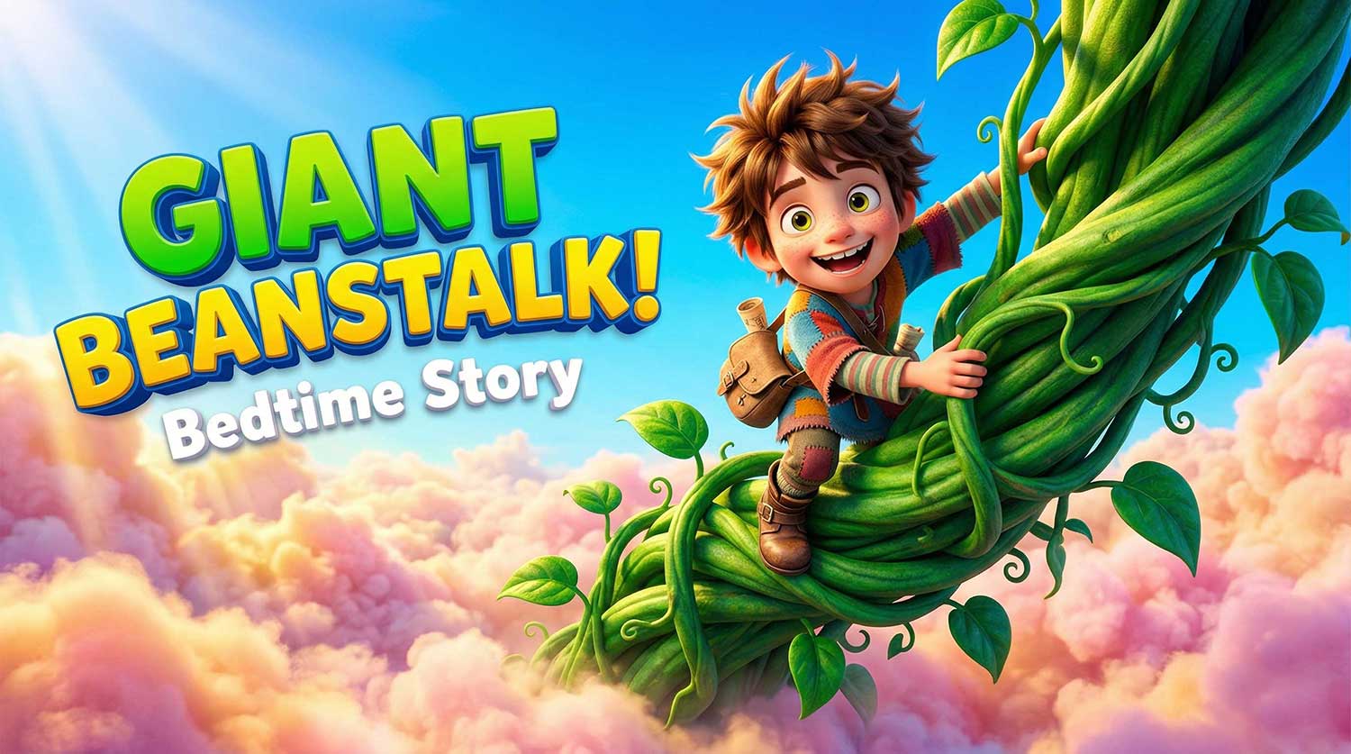 3D AI animated YouTube thumbnail of a happy young boy climbing a massive twisted green beanstalk above fluffy pink clouds with bold text "GIANT BEANSTALK! Bedtime Story" by Inspirious Design