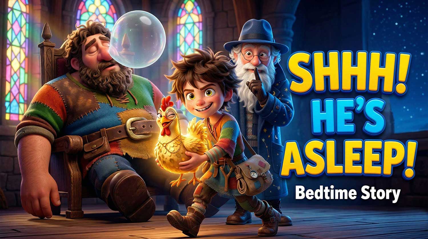 3D AI animated YouTube thumbnail of Jack and a wizard sneaking past a massive sleeping giant blowing a snot bubble with bold text "SHHH! HE'S ASLEEP! Bedtime Story" by Inspirious Design
