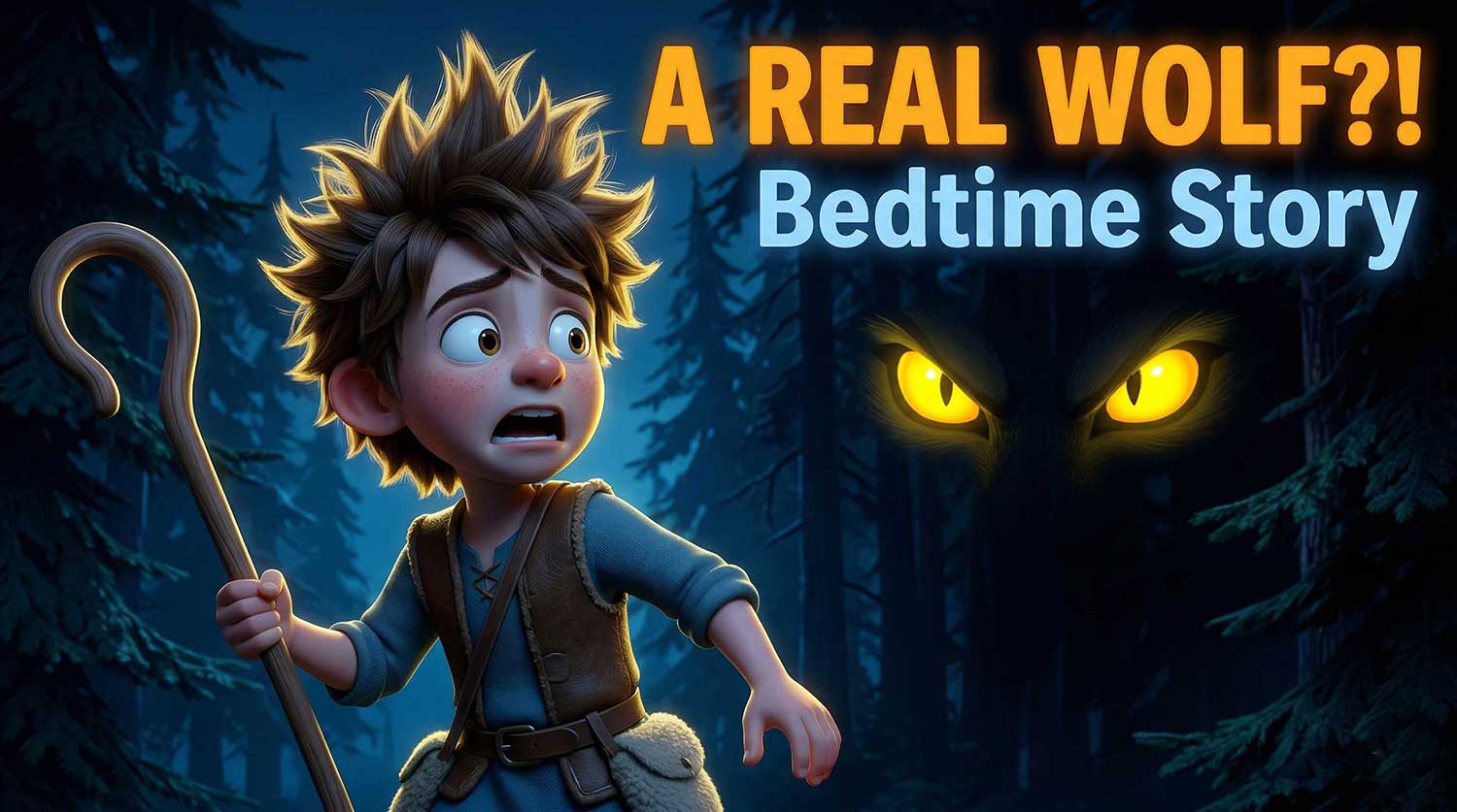 3D AI animated YouTube thumbnail featuring a terrified shepherd boy holding his staff in a dark forest, while massive glowing yellow wolf eyes loom in the background shadows, with bold text 'A REAL WOLF?! Bedtime Story' by Inspirious Design