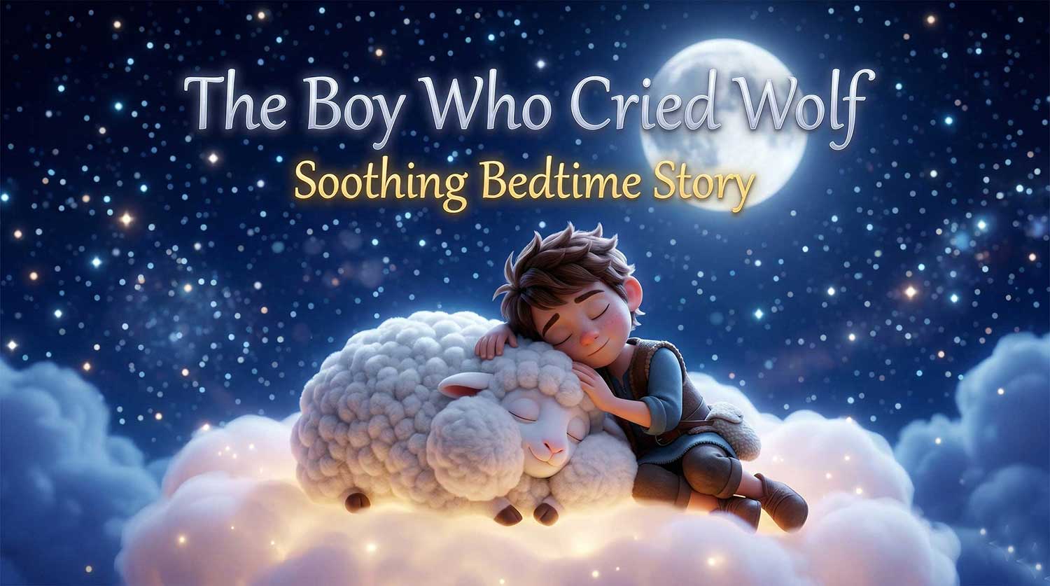 3D AI animated YouTube thumbnail featuring Leo the shepherd boy sleeping peacefully alongside an incredibly fluffy white sheep on a soft cloud under a starry night sky and full moon, with elegant text 'The Boy Who Cried Wolf Soothing Bedtime Story' by Inspirious Design