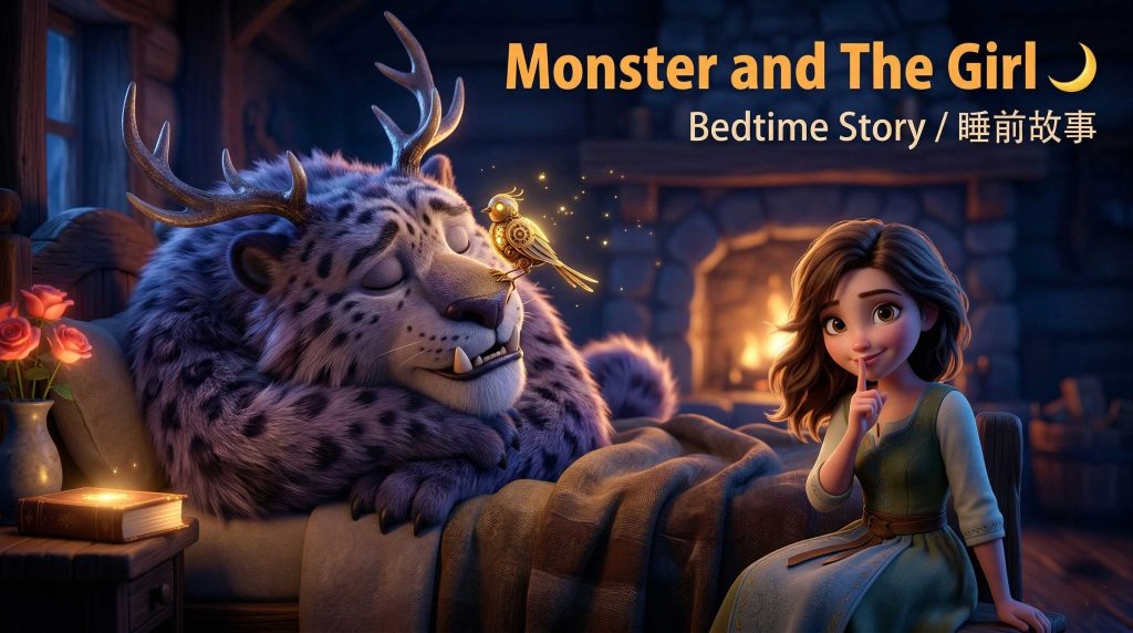 YouTube thumbnail featuring a sweet girl gesturing shh next to a massive furry beast sleeping in a bed with a glowing mechanical bird by Inspirious Design
