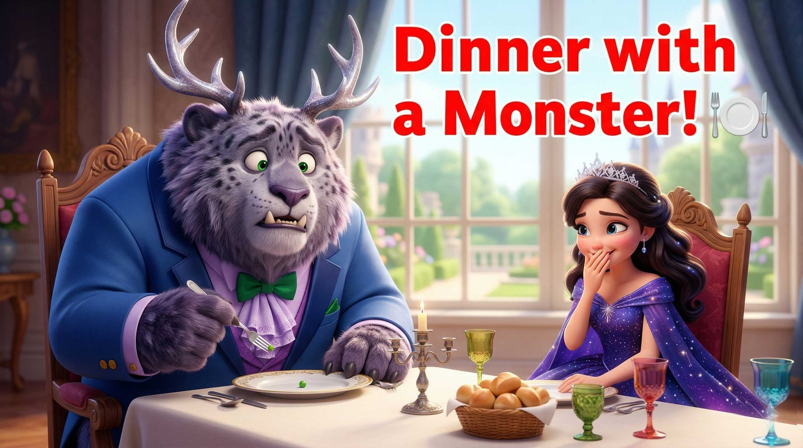 YouTube thumbnail featuring a large furry beast in a suit struggling with a tiny fork at a dining table while a sweet girl giggles by Inspirious Design