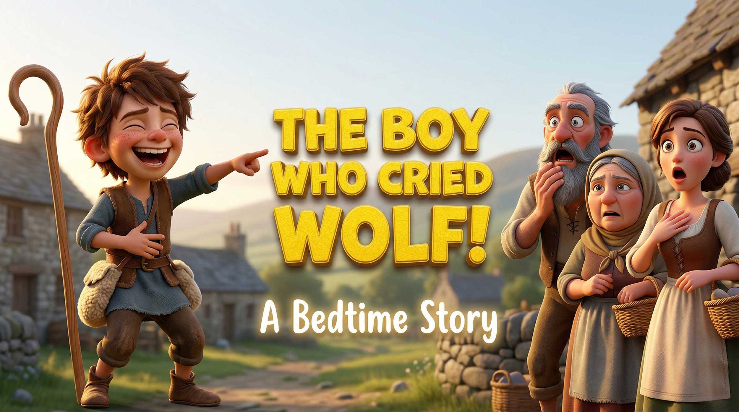 3D AI animated YouTube thumbnail featuring Leo the shepherd boy laughing and pointing on the left, while three rustic villagers gasp in shock on the right, with bold yellow 3D text 'THE BOY WHO CRIED WOLF!' and white text 'A Bedtime Story' against a village background by Inspirious Design