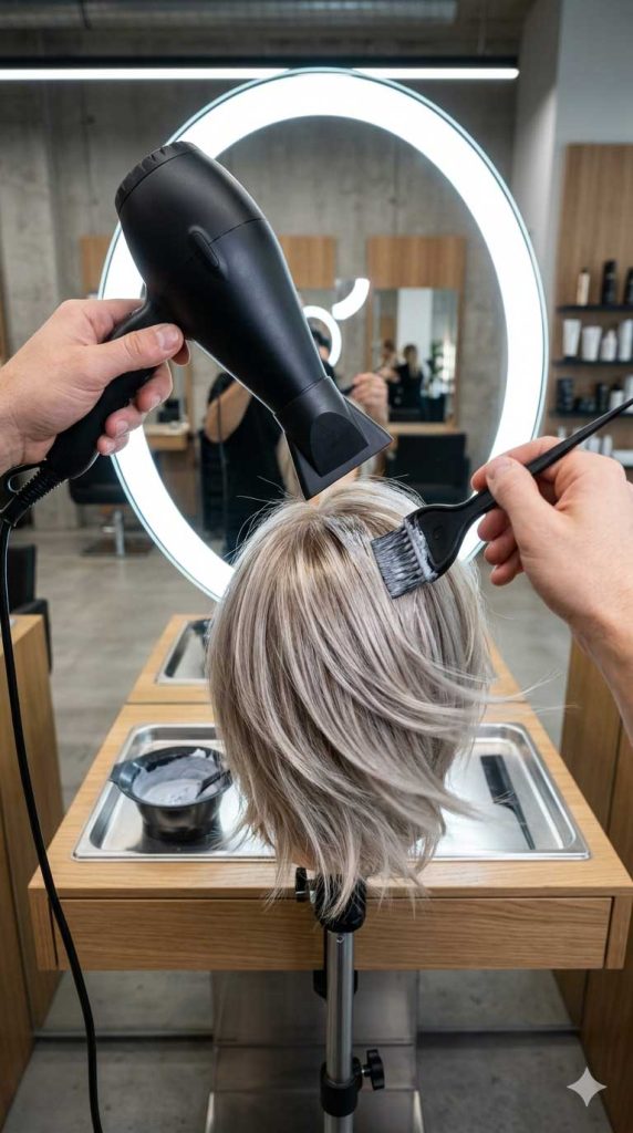 Practical hairdressing training session at an academy showing hands using a hairdryer and tint brush on a mannequin head.