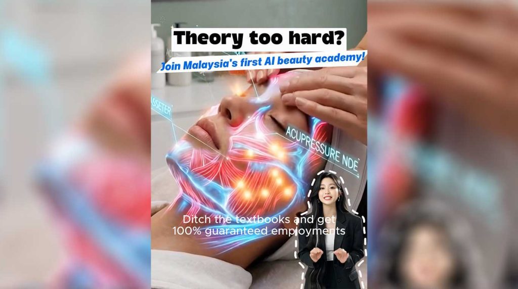 Meta video ad thumbnail for Styling Pavilion's facial course, emphasizing practical AI beauty training over textbook theory with 100% guaranteed employment.
