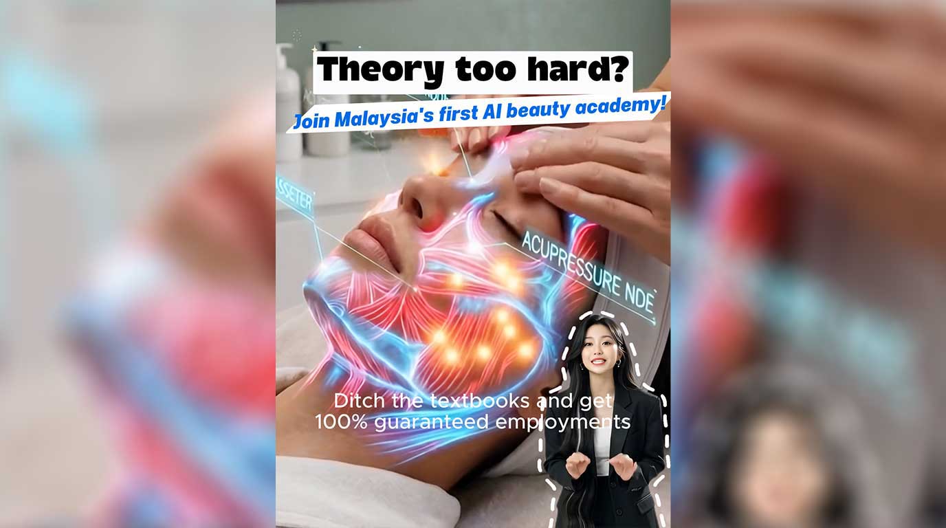 Meta video ad thumbnail for Styling Pavilion's facial course, emphasizing practical AI beauty training over textbook theory with 100% guaranteed employment.
