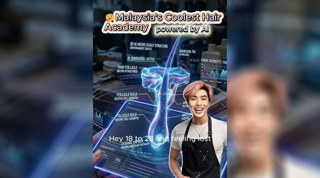 Meta video ad thumbnail for Styling Pavilion's hair courses, targeting youths aged 18 to 28 with a futuristic 3D AI micro scalp structure graphic.