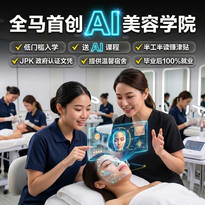 Smiling beautician at Styling Pavilion Academy demonstrating a facial massage with futuristic AI graphics, highlighting student benefits like PTPK loans and entrepreneurship training.