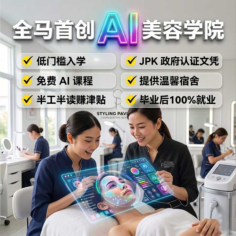 High-tech facial aesthetics training at Styling Pavilion, featuring an AI skin analysis hologram and course benefits like JPK certification and student allowances.
