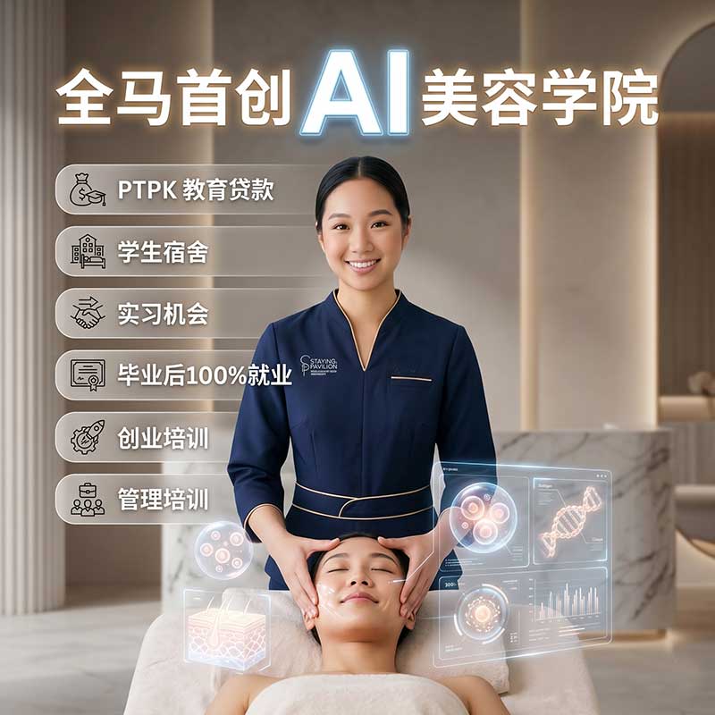 Styling Pavilion Academy students practicing an AI-assisted facial treatment, promoting Malaysia's first AI beauty academy with low entry barriers and guaranteed employment.