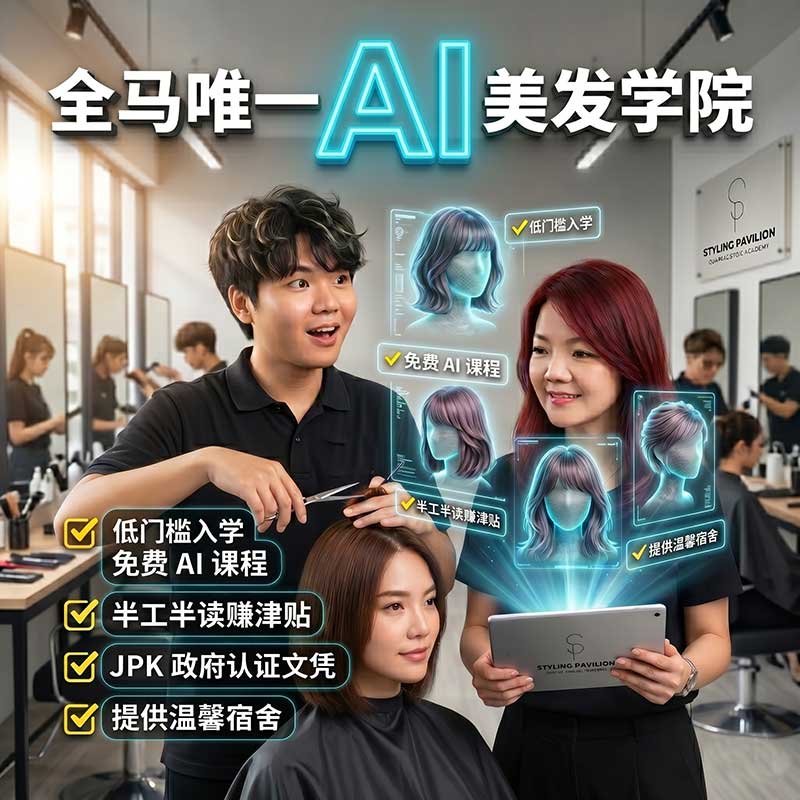 Hands-on hair styling training at Styling Pavilion Academy featuring advanced AI technology overlays, highlighting student benefits like work-study allowances and free AI courses.