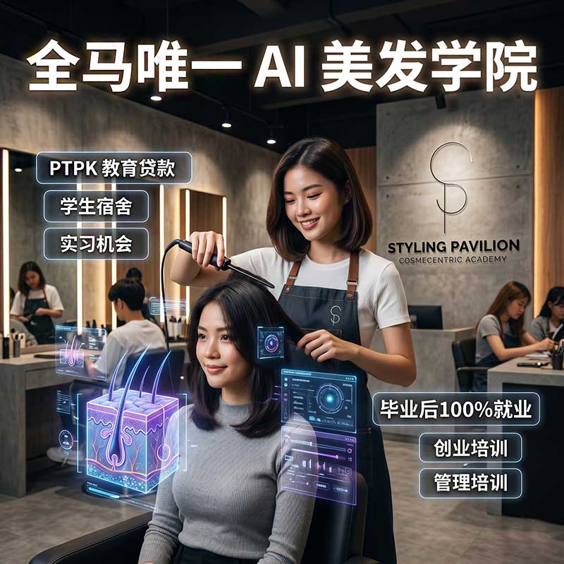 Student practicing hair curling at an AI-powered hair academy, showcasing course advantages such as PTPK educational loans, internships, and 100% guaranteed employment.