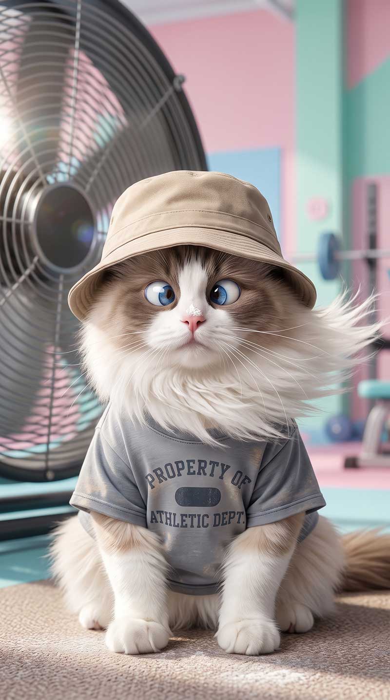 A fluffy, cross-eyed Ragdoll cat wearing a bucket hat and a baggy gym shirt labeled "Property of Athletic Dept," sitting blankly in front of a large gym fan that is blowing its fur dramatically to the side by Inspirious Design