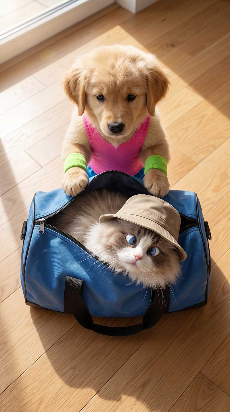 A golden retriever puppy wearing a bright pink tank top and green sweatbands packing a very fluffy, cross-eyed ragdoll cat wearing a bucket hat into a blue gym bag on a sunlit wooden floor by Inspirious Design