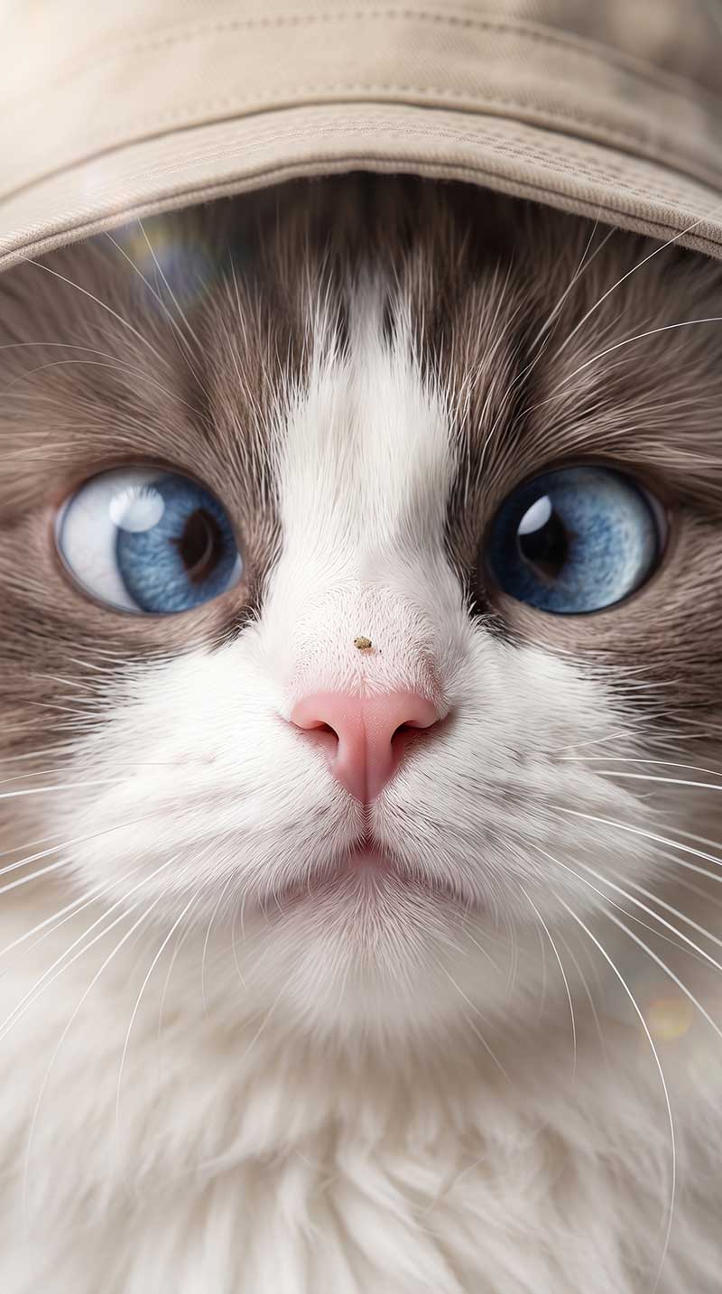 Extreme close up of a fluffy Ragdoll cat wearing a bucket hat, its bright blue eyes intensely crossed focusing on a tiny piece of dust resting on its pink nose by Inspirious Design