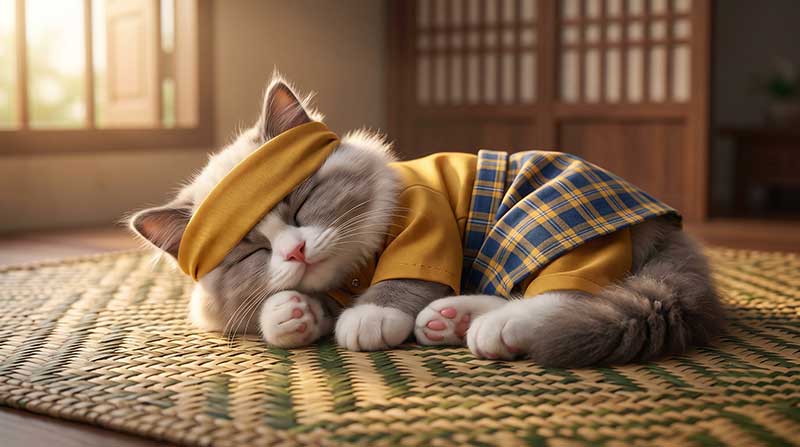 This opening shot perfectly establishes a sense of calm before the storm. The soft, warm, golden-hour lighting filtering through the traditional wooden slats creates a deeply peaceful atmosphere. The AI successfully renders the intricate texture of the woven mat and the subtle details of Awan's relaxed, breathing posture, making the scene feel incredibly cozy and inviting.