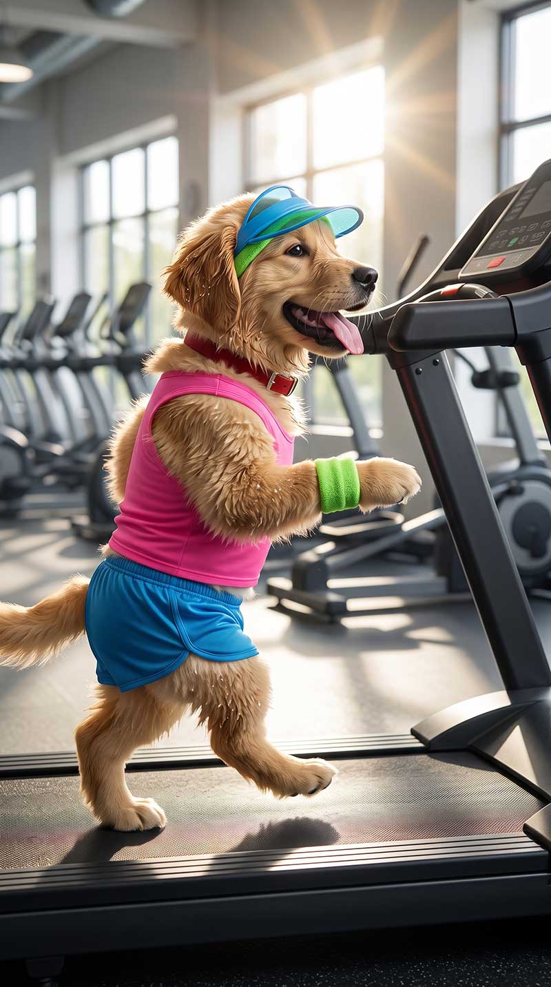 A highly energetic Golden Retriever wearing a pink athletic tank top, blue shorts, a blue sun visor, and a neon green wristband, happily jogging on a treadmill in a sunlit gym by Inspirious Design