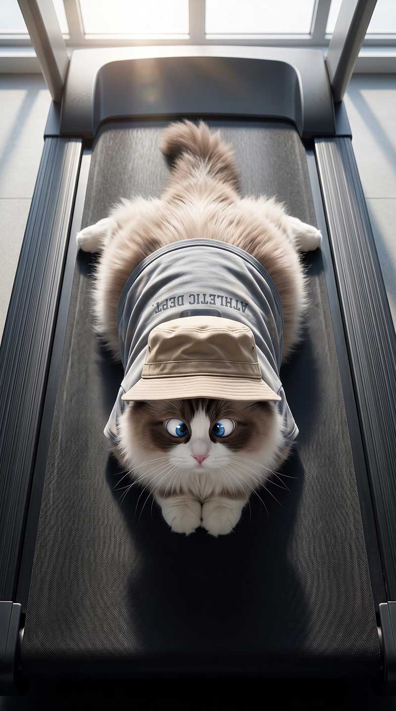 Overhead shot of a very fluffy, cross-eyed Ragdoll cat wearing a bucket hat and a baggy grey shirt lying completely flat on a moving treadmill belt, riding it backward by Inspirious Design