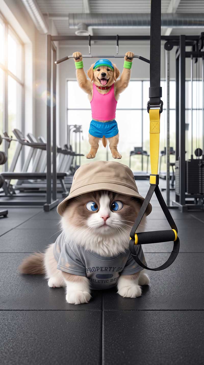 Deep focus shot in a brightly lit gym showing a highly fluffy, cross-eyed Ragdoll cat in a bucket hat staring at a suspension strap in the foreground, while a Golden Retriever in a pink tank top does pull-ups in the blurred background by Inspirious Design
