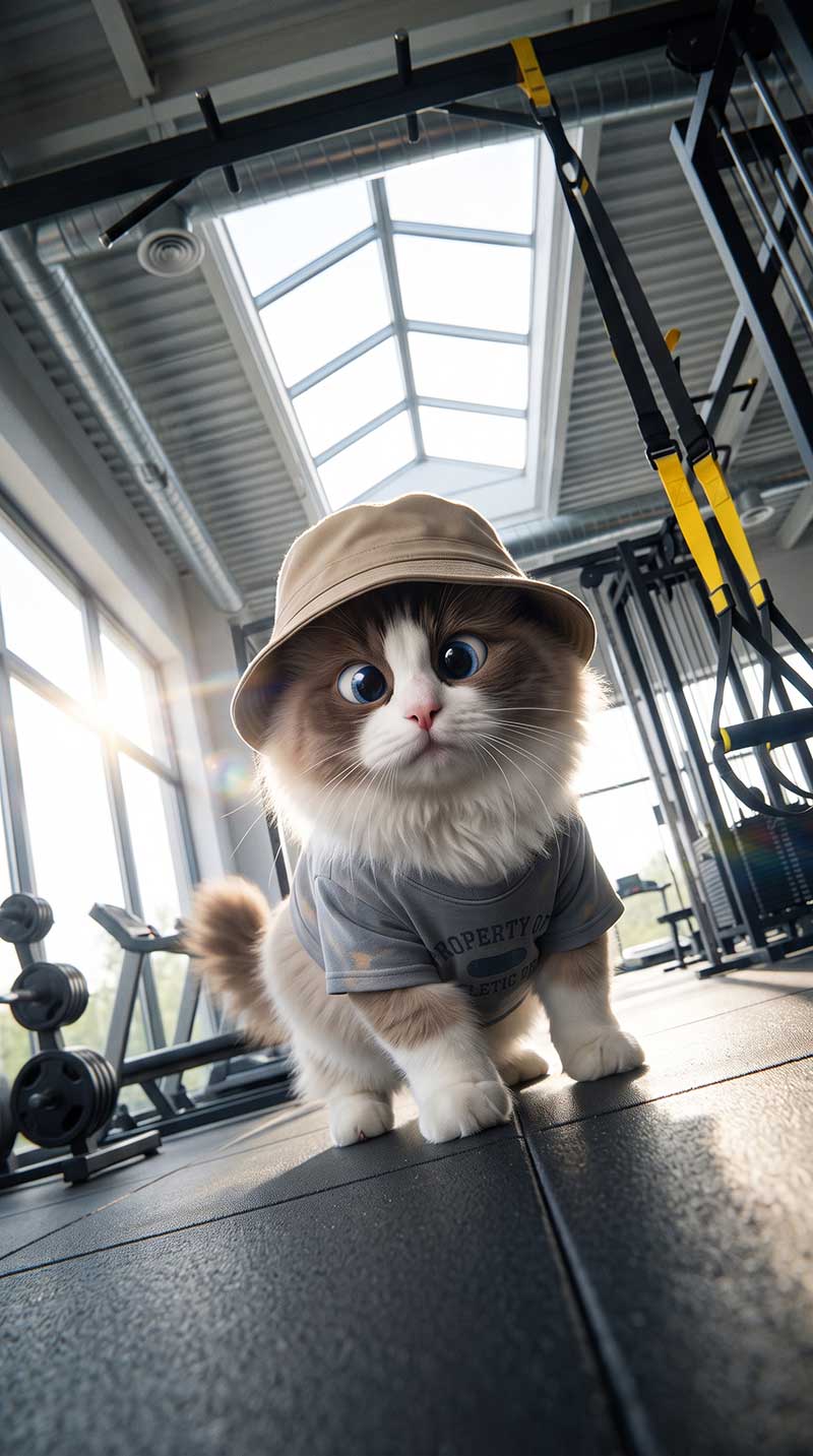 Low angle shot in a sunlit gym showing a very fluffy, cross-eyed Ragdoll cat in a bucket hat crouching in preparation to pounce, illuminated by a lens flare from a skylight by Inspirious Design