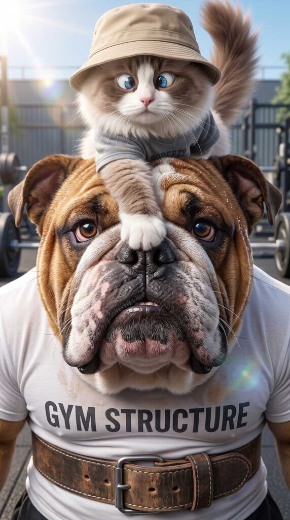Extreme close-up of a sweaty, intimidating Bulldog in a gym shirt looking shocked as a fluffy, cross-eyed Ragdoll cat rests its paw directly on the Bulldog's nose by Inspirious Design