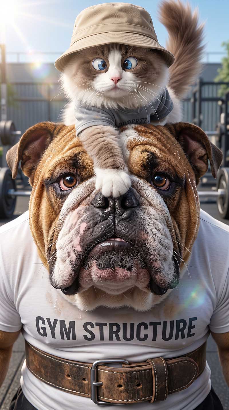 Extreme close-up of a sweaty, intimidating Bulldog in a gym shirt looking shocked as a fluffy, cross-eyed Ragdoll cat rests its paw directly on the Bulldog's nose by Inspirious Design
