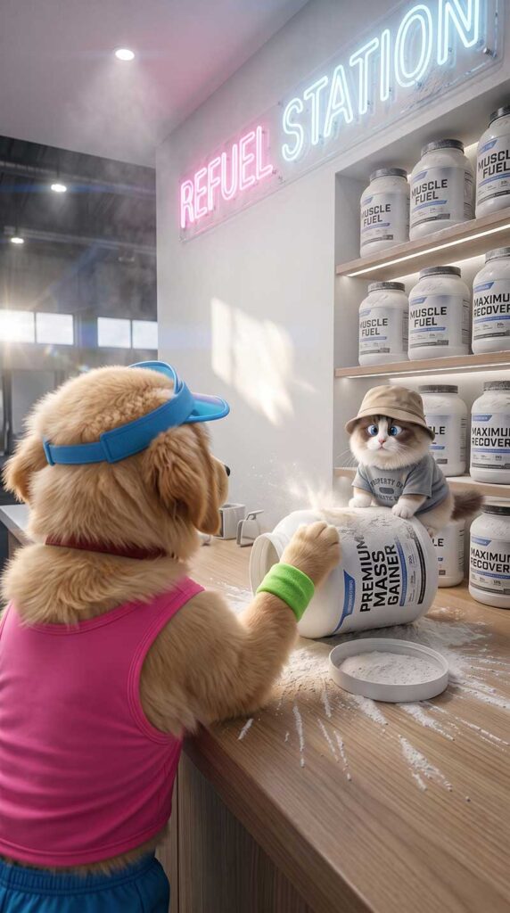 An over-the-shoulder shot of a Golden Retriever in a pink tank top at a gym counter knocking over a tub of Premium Mass Gainer protein powder, while a fluffy Ragdoll cat in a bucket hat crouches on the counter tracking a sunbeam by Inspirious Design
