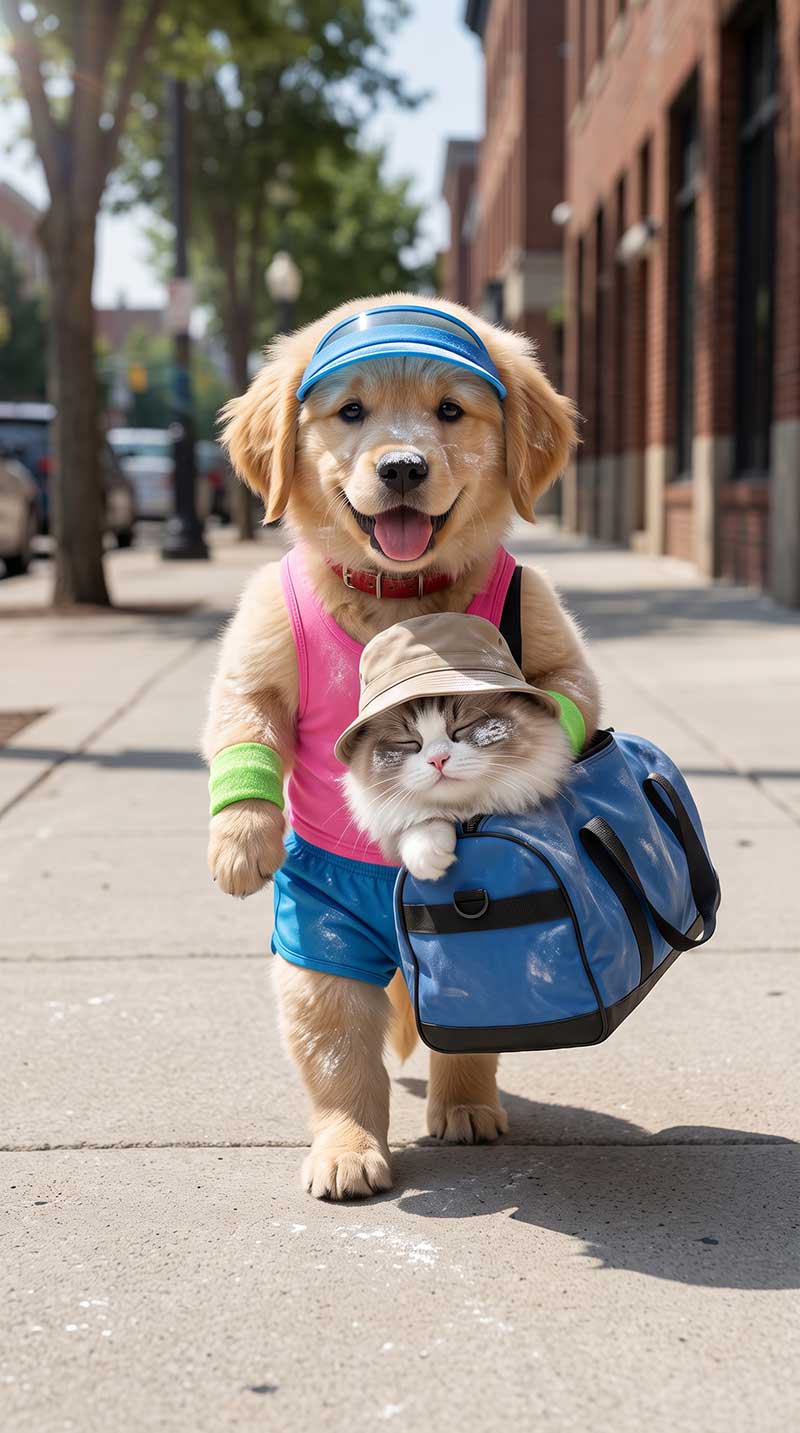 A smiling Golden Retriever wearing a pink tank top and blue visor carrying a blue gym bag outside on a sunny sidewalk. A fluffy Ragdoll cat in a bucket hat sleeps peacefully inside the bag. Both animals are lightly dusted in white powder by Inspirious Design