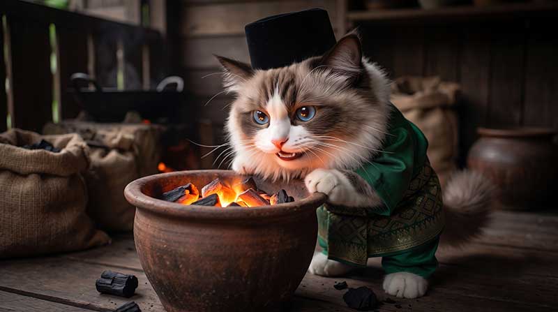 3D AI animation still of Awan the cross-eyed Ragdoll cat in a green Baju Melayu and black songkok, looking mischievously over the rim of a traditional clay pot glowing intensely with hot embers in a rustic wooden kitchen by Inspirious Design.