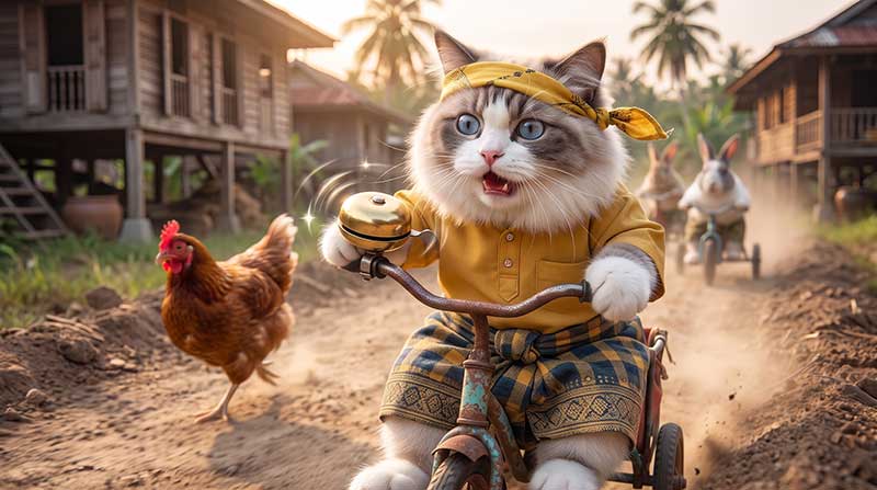 To build kinetic energy, this tracking shot uses flying dust and motion-heavy framing. The addition of environmental details—like the classic wooden kampung houses and the very relatable running village chicken—grounds the fast-paced action in a distinct, charming local setting.