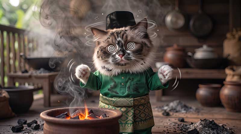3D AI animation still of Awan the Ragdoll cat looking dizzy with hypnotic spiral eyes and soot on his green Baju Melayu, standing next to a smoking clay pot in a rustic kitchen by Inspirious Design.