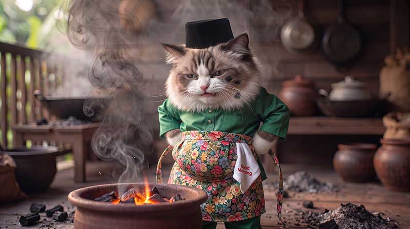 3D AI animation still of Awan the Ragdoll cat looking incredibly grumpy with furrowed brows, wearing a floral apron over his green Baju Melayu and a tiny 'Good Morning' towel tucked in his waist, standing with paws on his hips next to a smoking clay stove by Inspirious Design.