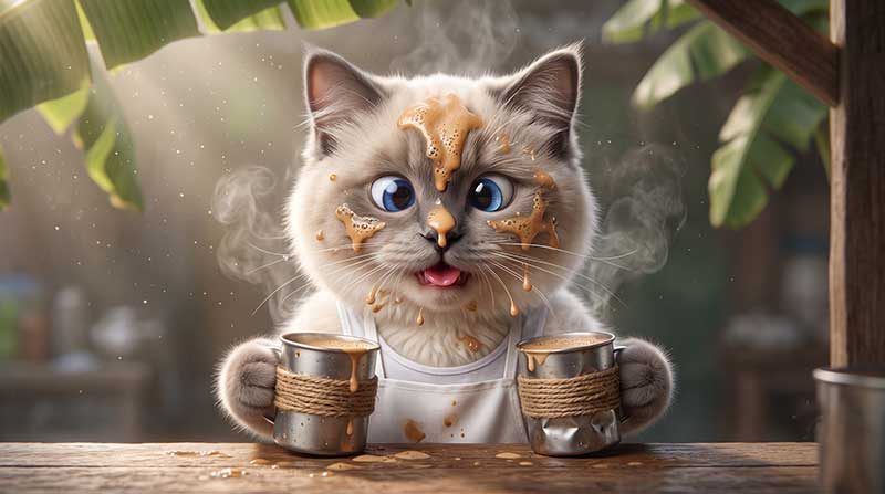 Capturing fluid dynamics in AI animation is a complex task. This frame perfectly isolates a moment of chaotic physical comedy. The rich, thick texture of the coffee foam dripping down Awan's surprised face vividly illustrates the messy, fast-paced reality of his demanding food service job.