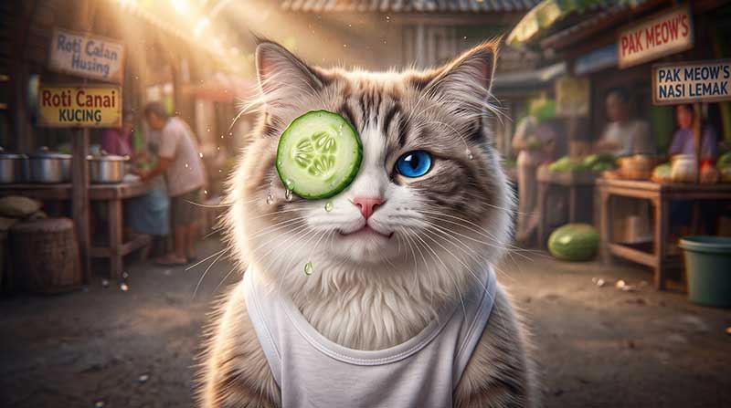 A brilliant use of subtle humor and visual metaphors for exhaustion. The single cucumber slice and the visible beads of sweat tell the audience everything they need to know about how hot and tiring Awan's day has been, offering a brief, funny moment of respite in the busy outdoor market.