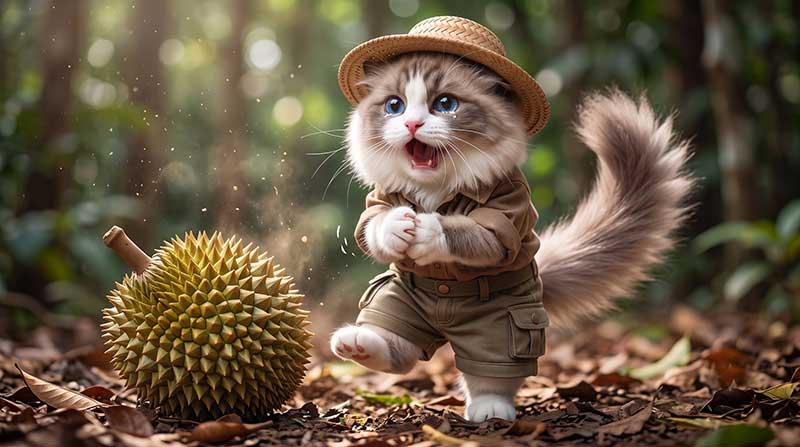 This shot leverages local Southeast Asian context for comedy. The sudden appearance of the heavy, spiky durian creates a great "near-miss" moment. Awan's dramatic, tearful reaction and defensive posture, contrasted against his cute safari outfit, make for a highly memorable and culturally resonant scene.
