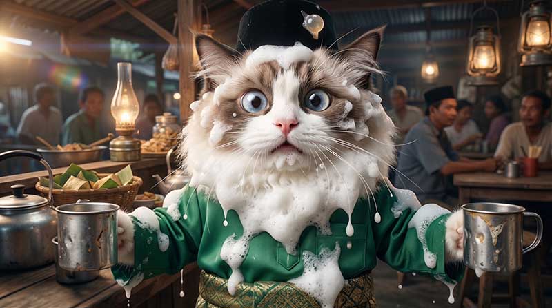3D AI animation still of Awan the cross-eyed Ragdoll cat in a green Baju Melayu and songkok, looking incredibly shocked while holding two vintage tin mugs, his entire face and chest comically covered in thick, white foamy bubbles in a bustling traditional kampung cafe by Inspirious Design.