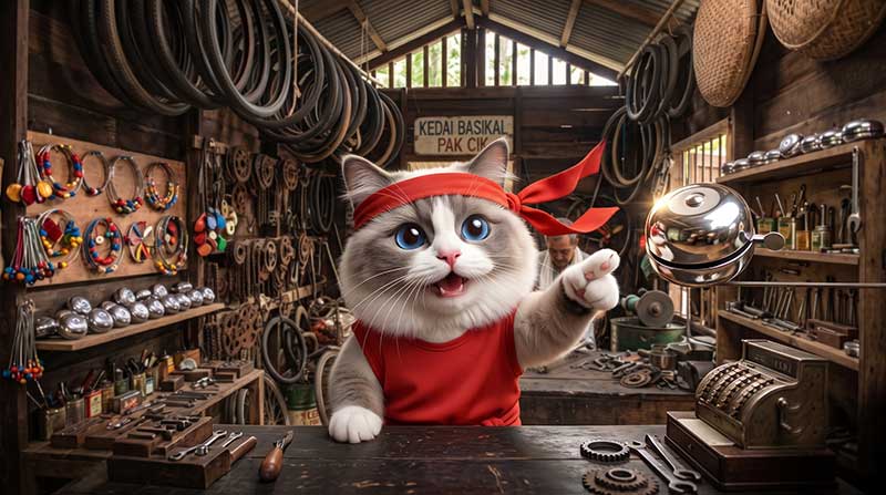 This scene is pivotal to the narrative twist. The framing explicitly draws the viewer's eye exactly where Awan is pointing. The stark contrast between the bright, gleaming bell and the dark, cluttered, highly detailed background of the rustic bicycle repair shop makes the object feel truly special and magical.