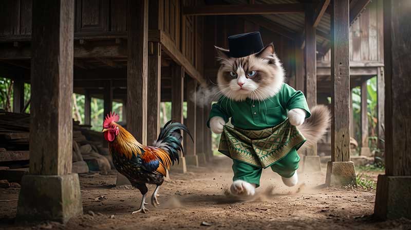Sequence of 3D AI animation stills showing variations of Awan the cross-eyed Ragdoll cat in a green Baju Melayu, angrily chasing a brightly colored rooster through the dirt beneath a traditional wooden stilt house by Inspirious Design.