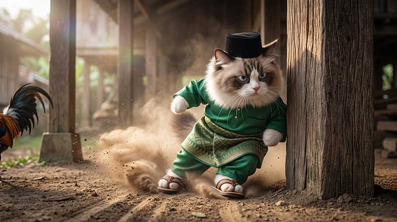 3D AI animation still of Awan the Ragdoll cat in a green Baju Melayu, songkok, and traditional sandals (selipar), sliding to a dramatic, sudden stop against a thick wooden pillar while chasing a rooster, creating a massive, cinematic dust cloud in the dirt beneath a kampung house by Inspirious Design.
