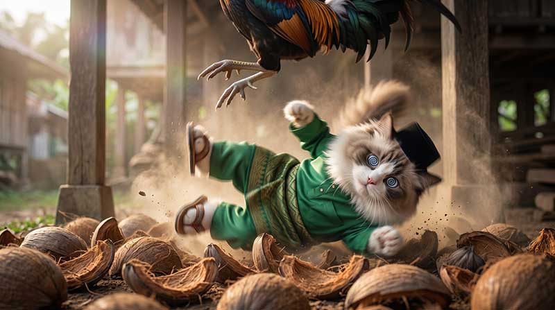 3D AI animation still of Awan the Ragdoll cat tripping mid-air with spiral dizzy eyes into a pile of coconut husks beneath a traditional wooden stilt house while a rooster leaps away in mid-flight by Inspirious Design.