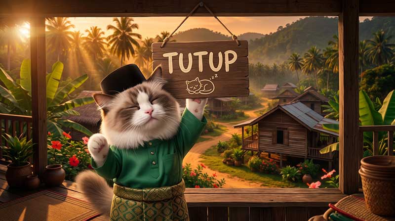 3D AI animation still of Awan the Ragdoll cat in a green Baju Melayu and songkok, happily closing up his warung by holding up a rustic wooden sign that reads 'TUTUP' with a sleepy cat drawing, against a breathtaking golden sunset over a traditional Malaysian kampung village by Inspirious Design.