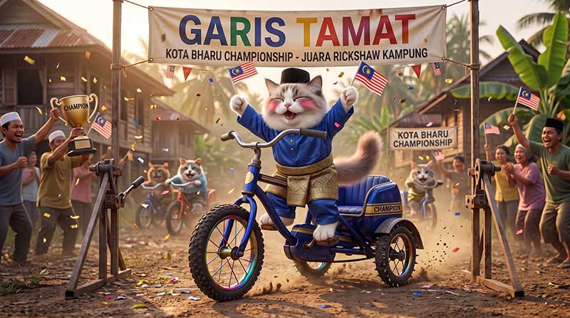 The climax of the animation requires maximum energy. This shot utilizes dynamic posing, floating confetti, and a localized "Garis Tamat" (Finish Line) banner to create a celebratory, victorious atmosphere that rewards the viewer for following Awan's journey.