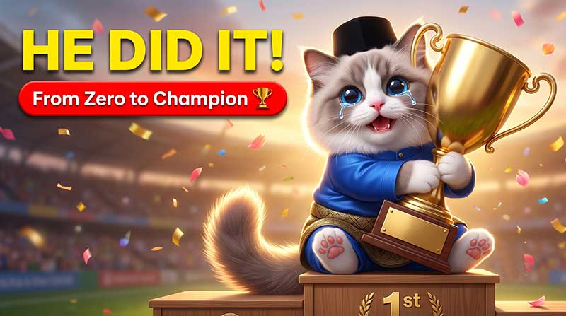 High-converting YouTube thumbnail design featuring a 3D AI generated cute cat crying happy tears while holding a giant gold trophy on a wooden winner's podium in a stadium. The cat is wearing a traditional blue Baju Melayu, gold sampin, and black songkok. Large bold yellow text reads 'HE DID IT!' above a red banner reading 'From Zero to Champion' with a small trophy icon, set against a background of bright stadium lights and falling confetti by Inspirious Design.