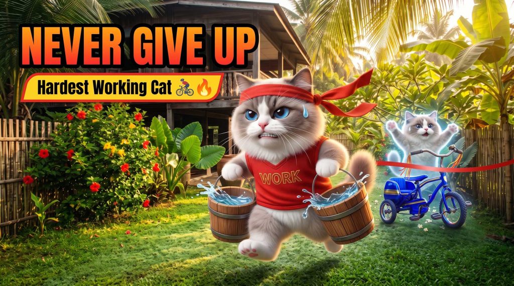 High-converting YouTube thumbnail design featuring a 3D AI generated cute cat looking exhausted but determined, running forward carrying two wooden buckets of splashing water. The cat is wearing a red sleeveless shirt with 'WORK' printed on it and a red tied headband. In the background, a translucent version of the same cat happily crosses a red finish line on a blue tricycle. Large bold orange text reads 'NEVER GIVE UP' above a yellow banner reading 'Hardest Working Cat' with bicycle and fire emojis. The setting is a lush, sunlit kampung village garden by Inspirious Design.