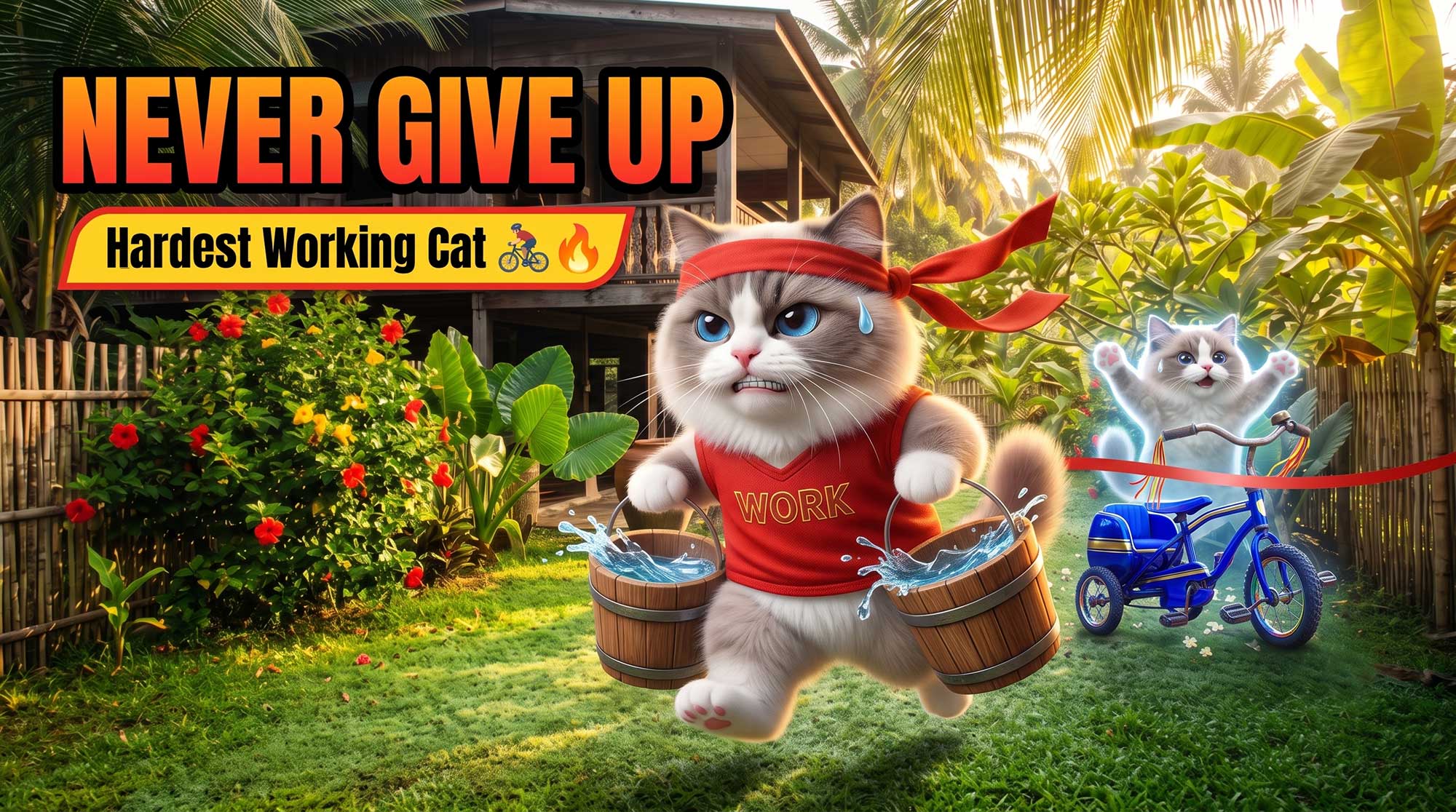 High-converting YouTube thumbnail design featuring a 3D AI generated cute cat looking exhausted but determined, running forward carrying two wooden buckets of splashing water. The cat is wearing a red sleeveless shirt with 'WORK' printed on it and a red tied headband. In the background, a translucent version of the same cat happily crosses a red finish line on a blue tricycle. Large bold orange text reads 'NEVER GIVE UP' above a yellow banner reading 'Hardest Working Cat' with bicycle and fire emojis. The setting is a lush, sunlit kampung village garden by Inspirious Design.