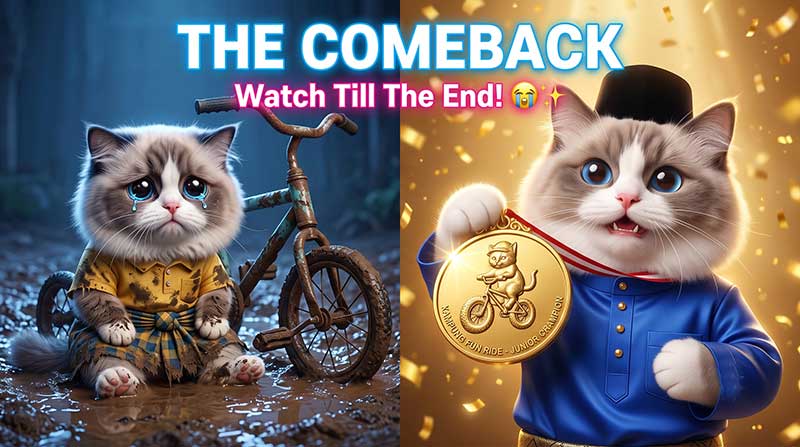High-converting split-screen YouTube thumbnail design. The left side shows a sad, muddy 3D AI generated cute cat sitting next to a rusted tricycle in a dark puddle. The right side shows the same cat, happy and victorious in bright golden light with confetti, wearing a blue Baju Melayu and holding up a large gold 'Kampung Fun Ride Junior Champion' medal. Bright blue text across the top reads 'THE COMEBACK' with pink text below reading 'Watch Till The End!' by Inspirious Design.
