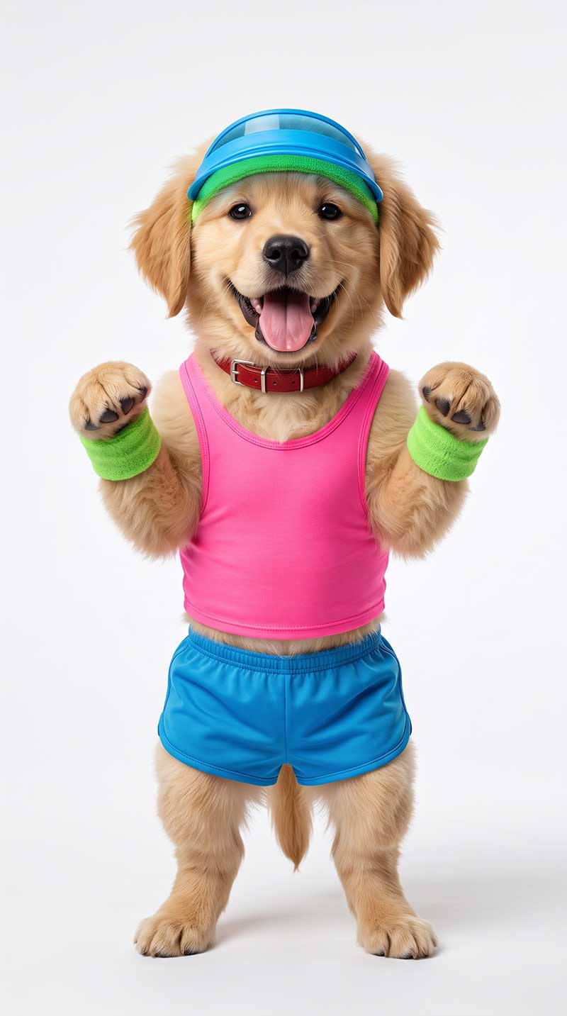 Low-angle tracking shot of a cheerful, muscular Golden Retriever wearing retro neon green sweatbands enthusiastically chugging a protein shake in bright sunlight by Inspirious Design