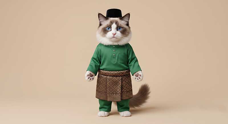 3D AI character design of a cute fluffy cat with striking blue eyes, standing upright wearing a traditional emerald green Baju Melayu, a patterned brown songket sampin, and a black songkok hat against a beige background by Inspirious Design