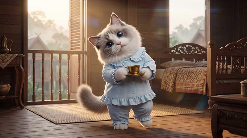 3D AI character design of a cute fluffy cat with large blue eyes wearing light blue ruffled pajamas, holding a golden teacup inside a sunlit traditional wooden kampung house by Inspirious Design