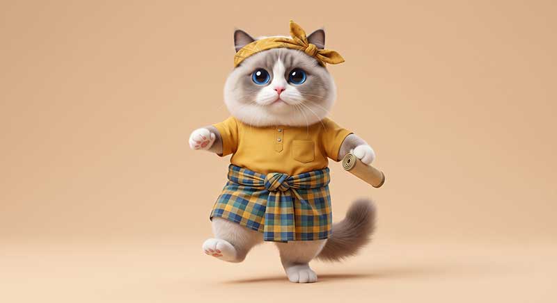 3D AI character design of a cute fluffy cat with blue eyes stepping forward energetically, wearing a yellow shirt, a blue and yellow plaid waist cloth, and a yellow knotted headband, holding a small rolled mat against a beige background by Inspirious Design